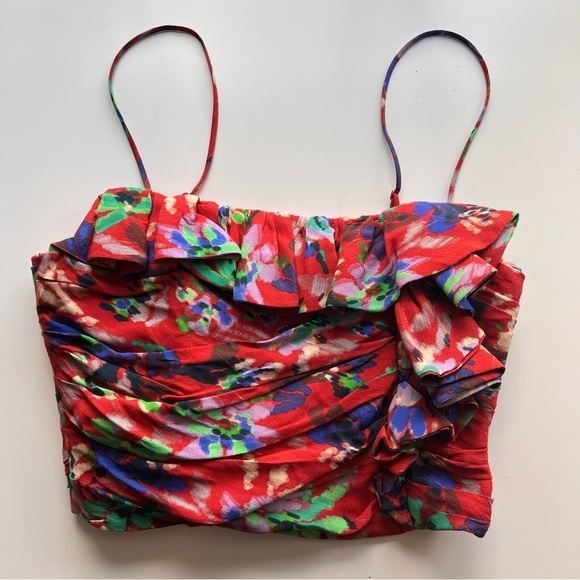 Zara Red Ruffle Pleated Floral Crop Top - Picture 1 of 11